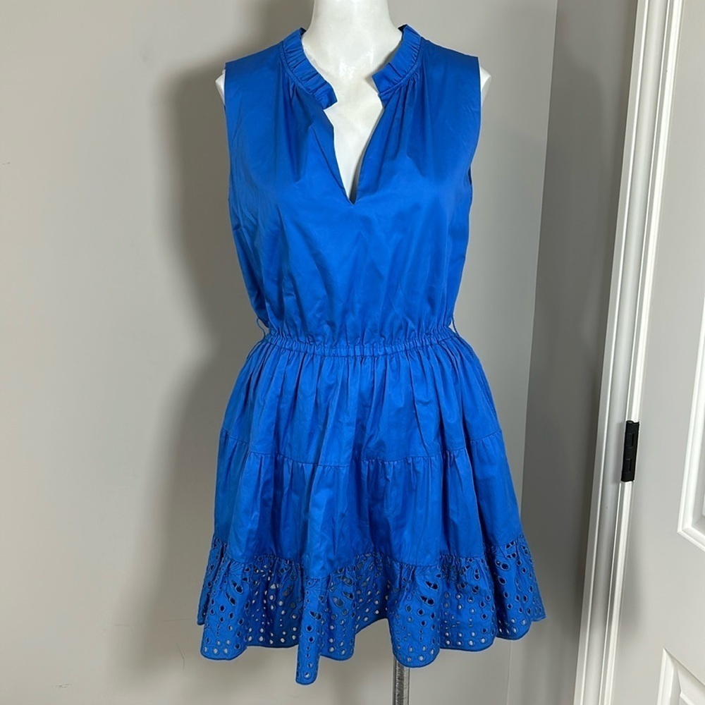 KARINA GRIMALDI Eyelet Mini Dress Blue Ruffle Vneck Cinched Waist Sz XS